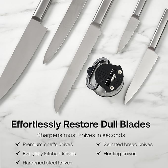 AnySharp – Editions – Hands Free Knife Sharpener - Easy to Use Sharpening Tool w/PowerGrip Suction Base and 20-Degree Pre-Set Angle - for All Knives: Chef's, Serrated, Hardened Steel - White Marble