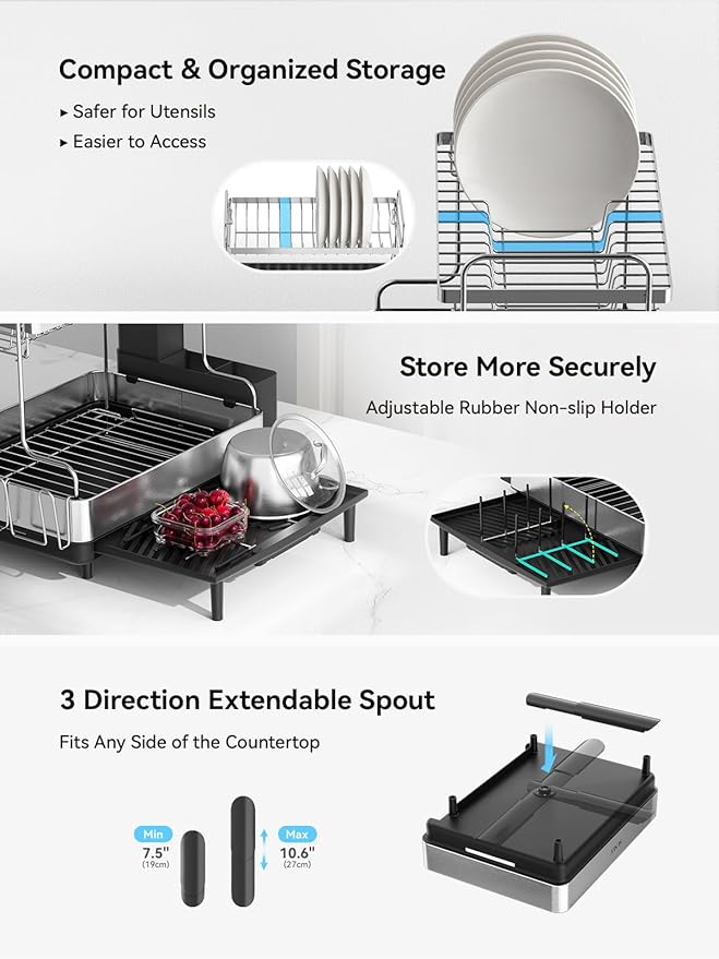 SUNLY 2 Tier Dish Drying Rack, Extra Large Dish Rack, Expandable Dish Racks for Kitchen Counter, Multifunctional Large Dish Drainers for Kitchen Counter, Black