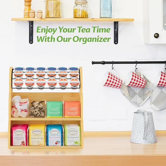 LASZOLA Bamboo Tea Bag and Coffee Holder Organizer for Cabinet Counter Office, 3 Tier Large Capacity Vertical K Cup and Tea Packet Storage Rack, Sturdy Display Stand, Easy Assemble
