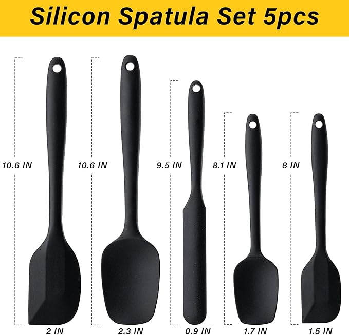 Silicone Spatula Set, 5 Piece Food Grade Rubber Spatulas for Baking, Cooking, and Mixing High Heat Resistant Non Stick Dishwasher Safe BPA-Free (Black)