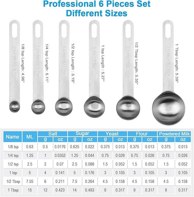 Upgrade Stainless Steel Measuring Spoons Set, Small Tablespoon, Teaspoons, Set 6 with Bonus Leveler, Etched Markings and Removable Clasp for Dry and Liquid, Fits in Spice Jars