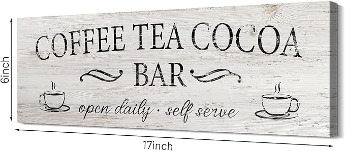 Coffee Tea Cocoa Bar Sign Decor Farmhouse Wall Plaque with Wood Grain Retro Cafe Canvas Prints for Bar Decor Open Daily Self Serve Kitchen Cafe Pub Nook Decoration Accessories 6"x17"