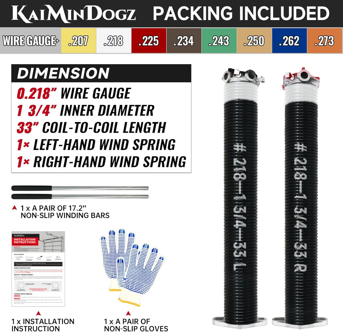 Pair of 1.75" Garage Door Torsion Springs Set with Non-Slip Winding Bars&Gloves, High Precision Electrophoresis Oil-Free Black Coated for Replacement, MIN 16,000 Cycles (0.218 x 1.75"x 33")