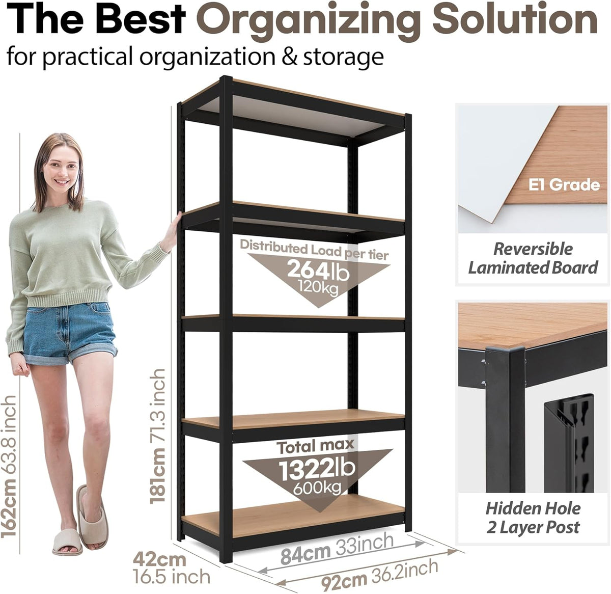 HOMEDANT House Black 5-Tier Laminated Metal Shelving Unit Adjustable Storage Utility Rack Heavy Duty Shelves Organization Shelf Kitchen Garage Pantry Closet 1Pack
