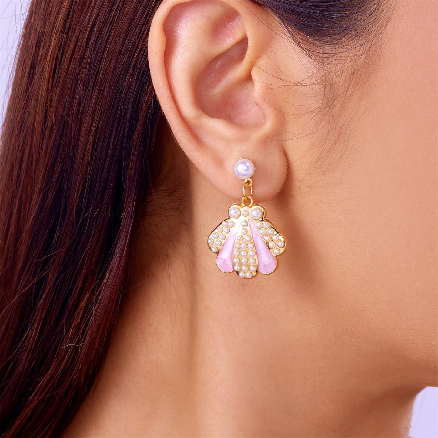 Asymmetric Starfish Seashell Earrings Gold Plated Boho Handmade Charm Cowrie Sea Shell Conch Star Ocean Animals Long Dangle Drop Earrings for Women Hawaii Summer Beach Party Holiday Jewelry Gifts (Pink conch)