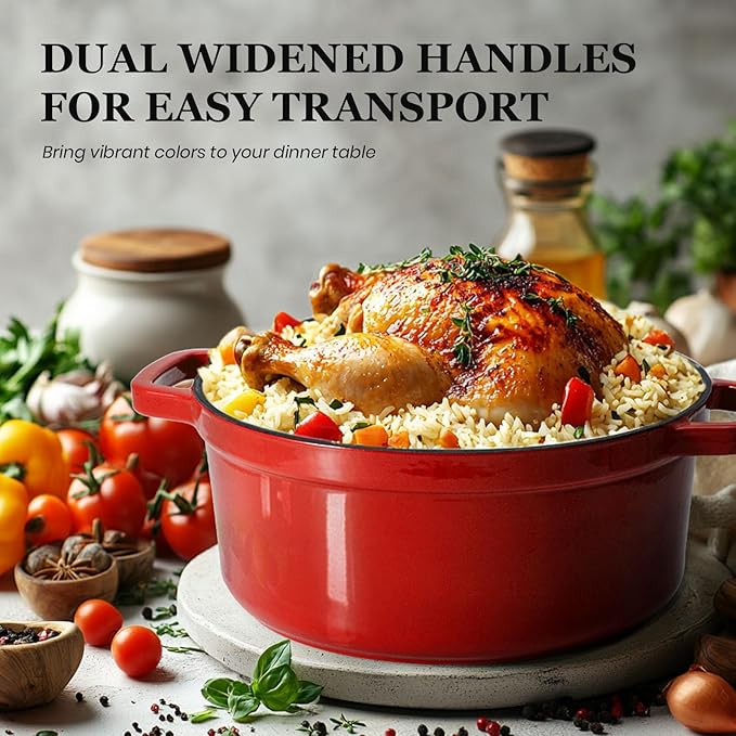 Overmont Enameled Cast Iron Dutch Oven - 5QT Pot with Lid Cookbook & Cotton Potholders - Heavy-Duty Cookware for Braising, Stews, Roasting, Sourdough Baking red