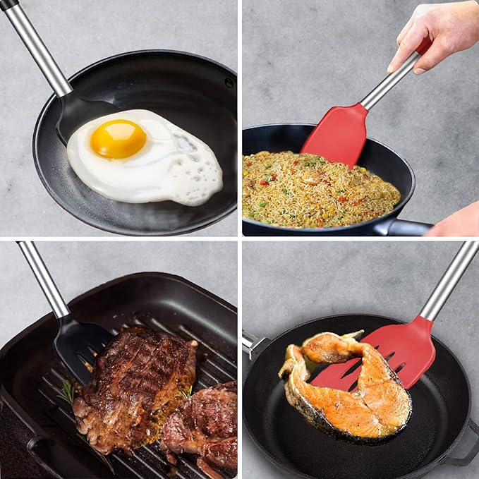 Silicone Spatula and Cooking Spoon,5 Pack Non-Stick Cooking Utensils for Kitchen，Heat Resistant Solid & Slotted Spoons and Spatulas, Stainless Steel Handle Coated with Silicone,Red