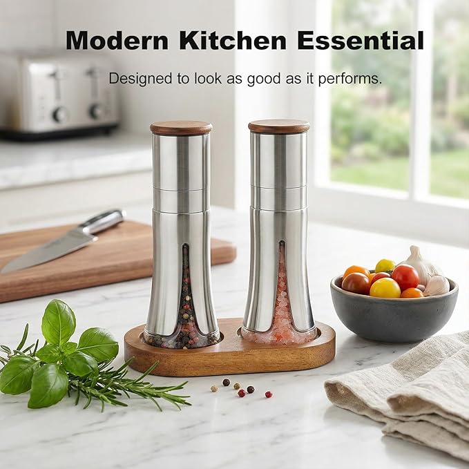Aelga Salt and Pepper Grinder Set with Wooden Tray - 4oz Glass Manual Pepper Mill with 5-Level Adjustable Coarseness, Refillable Salt Grinder with Wood Lid, Silicone Funnel