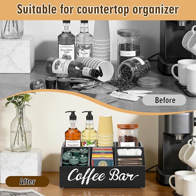 Coffee Station Organizer for Countertop, Wood Coffee Bar Organizer for Farmhouse Coffee Bar Decor, Tea Condiment Storage Organizer, Coffee Pod Holder and Coffee Bar Accessories