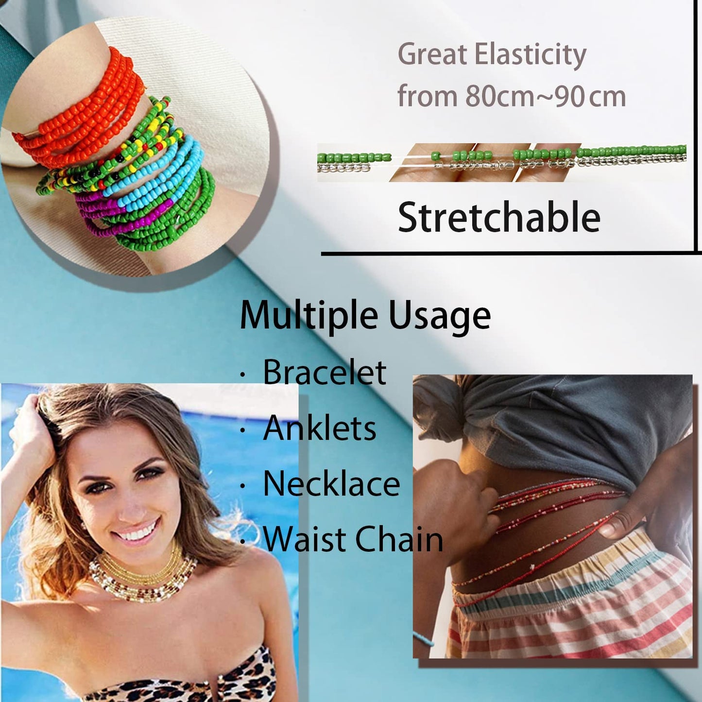 TOBENY SHIWE 24PCS Waist Bead Chains for Women Colorful Summer Body Chains Belly Beads Bikini Jewelry Chains Bead Waist Chains Set