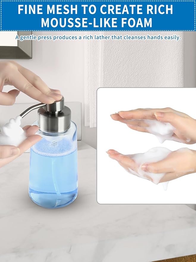 Foaming Hand Soap Dispenser Set, 16 oz Large Glass Soap Dispenser, Foam Dispenser with Stainless Steel Pump & Waterproof Labels, Refillable Soap Bottles for Bathroom Countertop, 2 in 1
