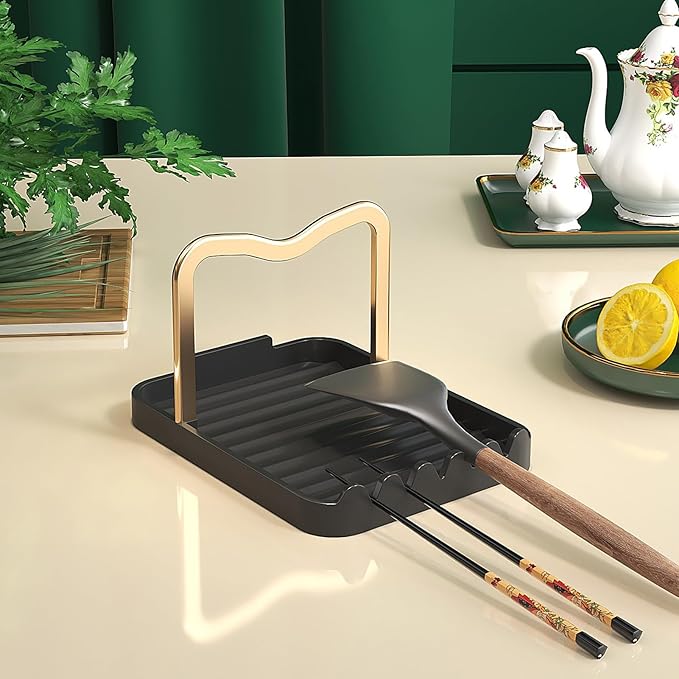 Stainless Steel Pot Lid Holder-Kitchen Organizer & Utensil Storage Rack with Detachable Drain Tray, Non-Slip Anti-Rust Countertop Space Saver for Spoons, Spatulas,Ladles,Tongs (Black Gold)