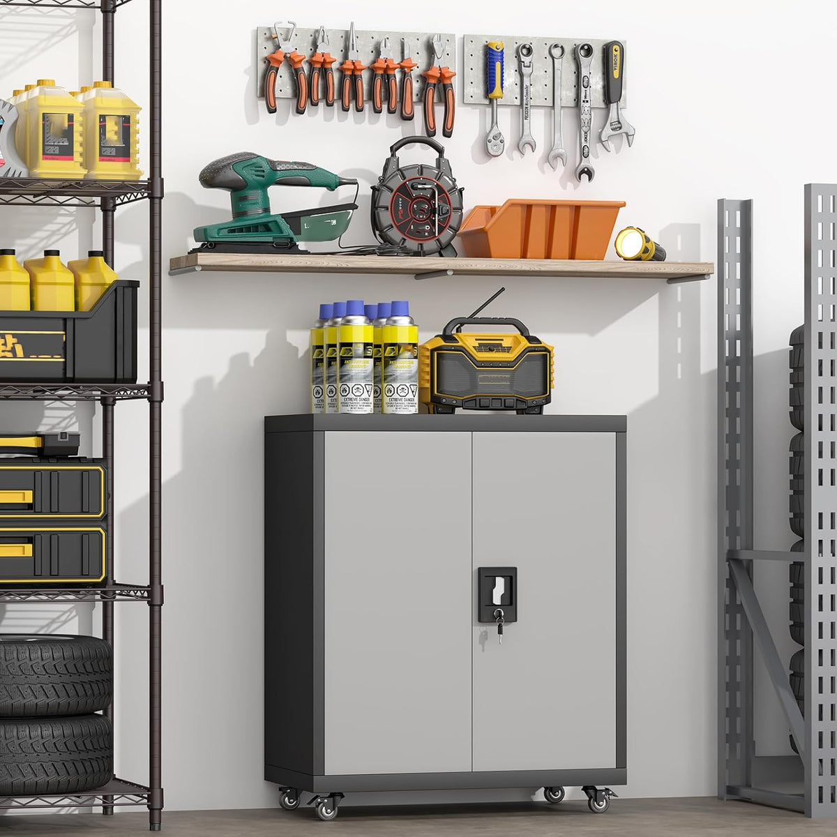GREATMEET Garage Cabinets with Wheels,Small Storage Cabinet with Doors and Adjustable Shelves，Locking Metal Garage Storage Cabinets for Home Office Utility Room