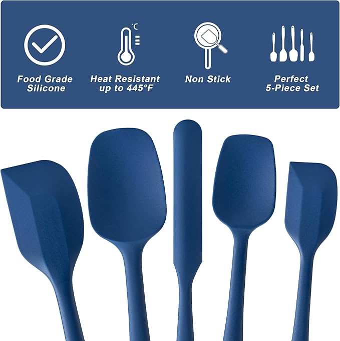 Silicone Spatula Set, 5 Piece Food Grade Rubber Spatulas for Baking, Cooking, and Mixing High Heat Resistant Non Stick Dishwasher Safe BPA-Free (Navy Blue)
