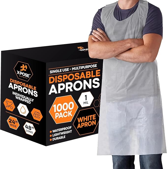 Xpose Safety 1000 White Plastic Disposable Aprons for Cooking & more Individually Packaged Durable 1 Mil Waterproof Polyethylene 24" x 48"