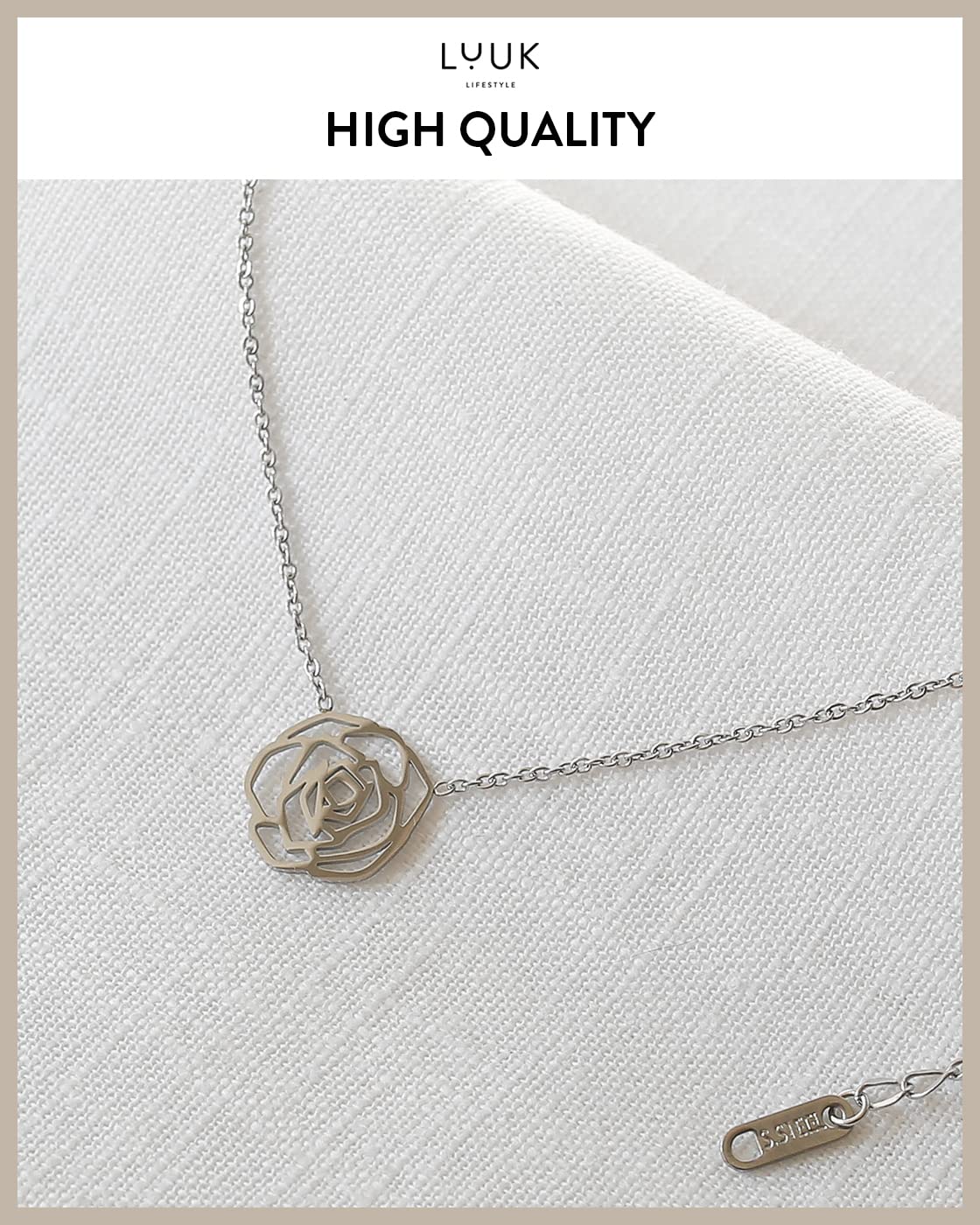 LUUK LIFESTYLE Feminine necklace in quality stainless steel with Rose flower pendant and HAPPINESS gift card, jewelry for women, floral motifs, waterproof and skin-friendly, fine design, silver