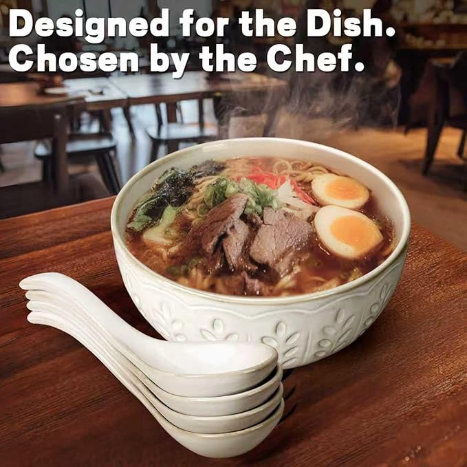 Artena Soup Bowls 32 OZ, Cereal Bowls Set of 4, White Embossment Ceramic Ramen Bowls for Dinner, Salad, Pho, Noodle, Pasta, Snacks, Dishwasher Microwave Safe, 6.3 Inch, Wheat Leaf