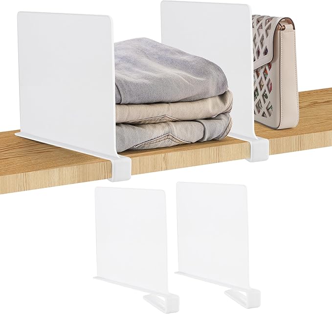 JOY DECOR 2 Pack Acrylic White Shelf Dividers for Closets Organizer and Storage Adjustable Vertical Wood Shelf Closet Separators for Clothes,Book,Bags in Bedroom and Kitchen