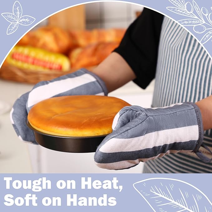 Reallnaive Oven Mitts and Pot Holders 4 Pcs Set for Kitchen, Stripe Cotton Oven Mitten Gloves Hot Pads Heat Resistant 500°f Outdoor Indoor Garden Baking Cooking BBQ Gift Hanging Loop, Beige (Gray)