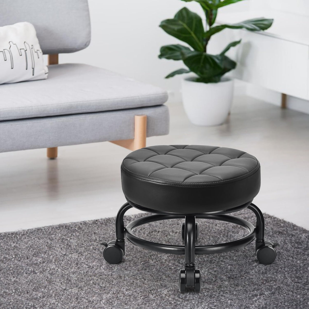 Low Roller Seat Low Height Rolling Stool PU Leather Rolling Stool, Modern Rolling Chair for Home Office Garage Shop
