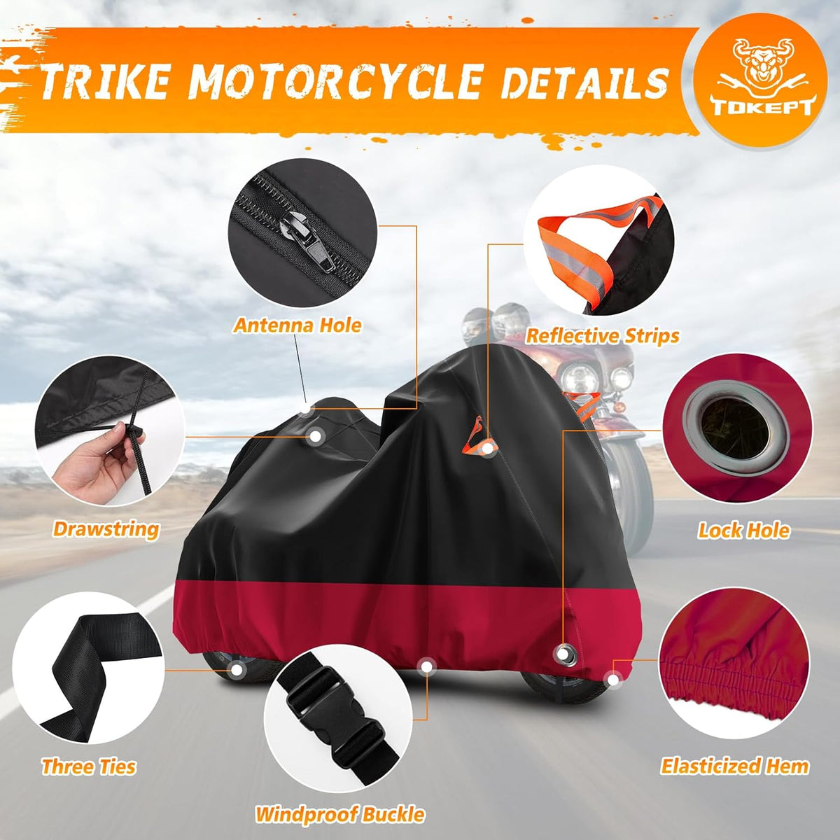 Trike Motorcycle Cover, Outdoor Waterproof Vehicle Cover with Windproof Buckle Reflective Strip for Harley Davidson, Honda Gold Wing, Kawasaki 3 Wheel Motorcycle Accessories (Black&Red)