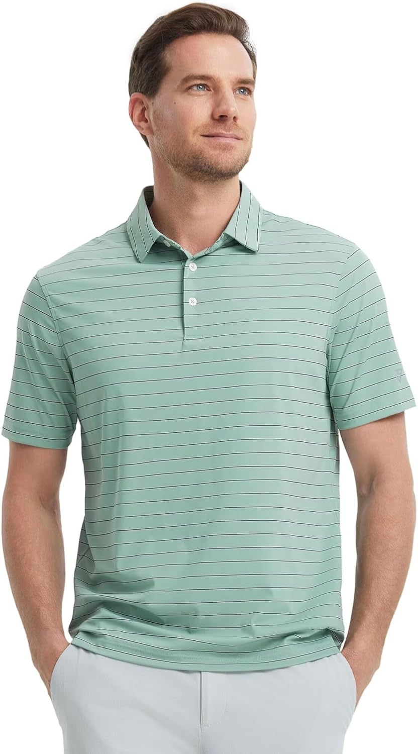 M MAELREG Mens Striped Golf Shirts Short Sleeve Silk-Like Touch Water-Resistant Breathable Soft Collared Polo Shirts for Men