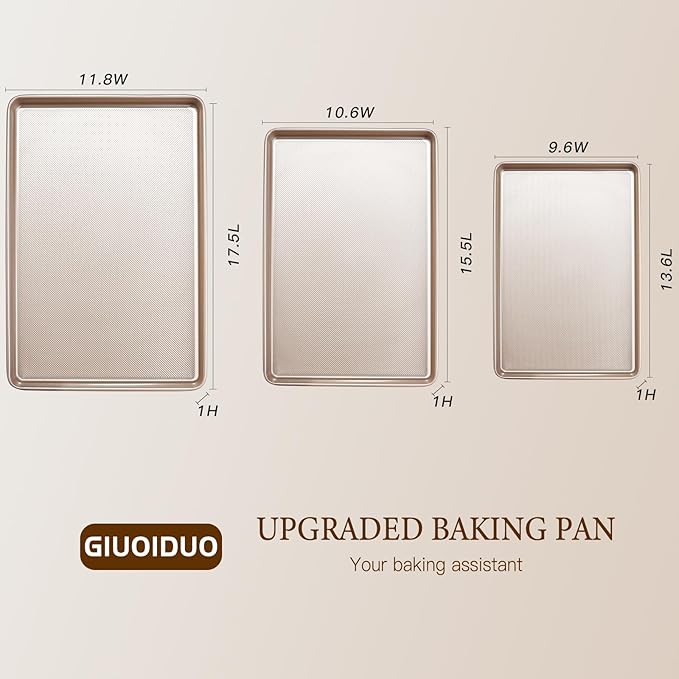 Baking Sheet Set of 3, Nonstick Heavy Duty Cookie Sheets for Oven - 13.6"×9.6"/15.5"×10.6"/17.5"×11.8" Warp-Resistant Carbon Steel Bakeware Trays, Champagne Gold, Dishwasher & Oven Safe