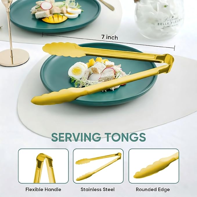 Buffet Tongs 7'' Inches Serving Tongs Heavy Duty Stainless steel Kitchen and BBQ Utility Tong Pack of 12 (Gold, 7inch)