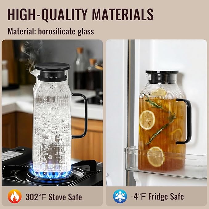 2 Liter/68 oz Square Glass Pitcher with Lid, Classic Stripes Water Pitchers with Handle for Fridge, Large Jug for Iced Tea, Coffee, Borosilicate Glass Carafe for Hot/Cold Brew Drink, Black