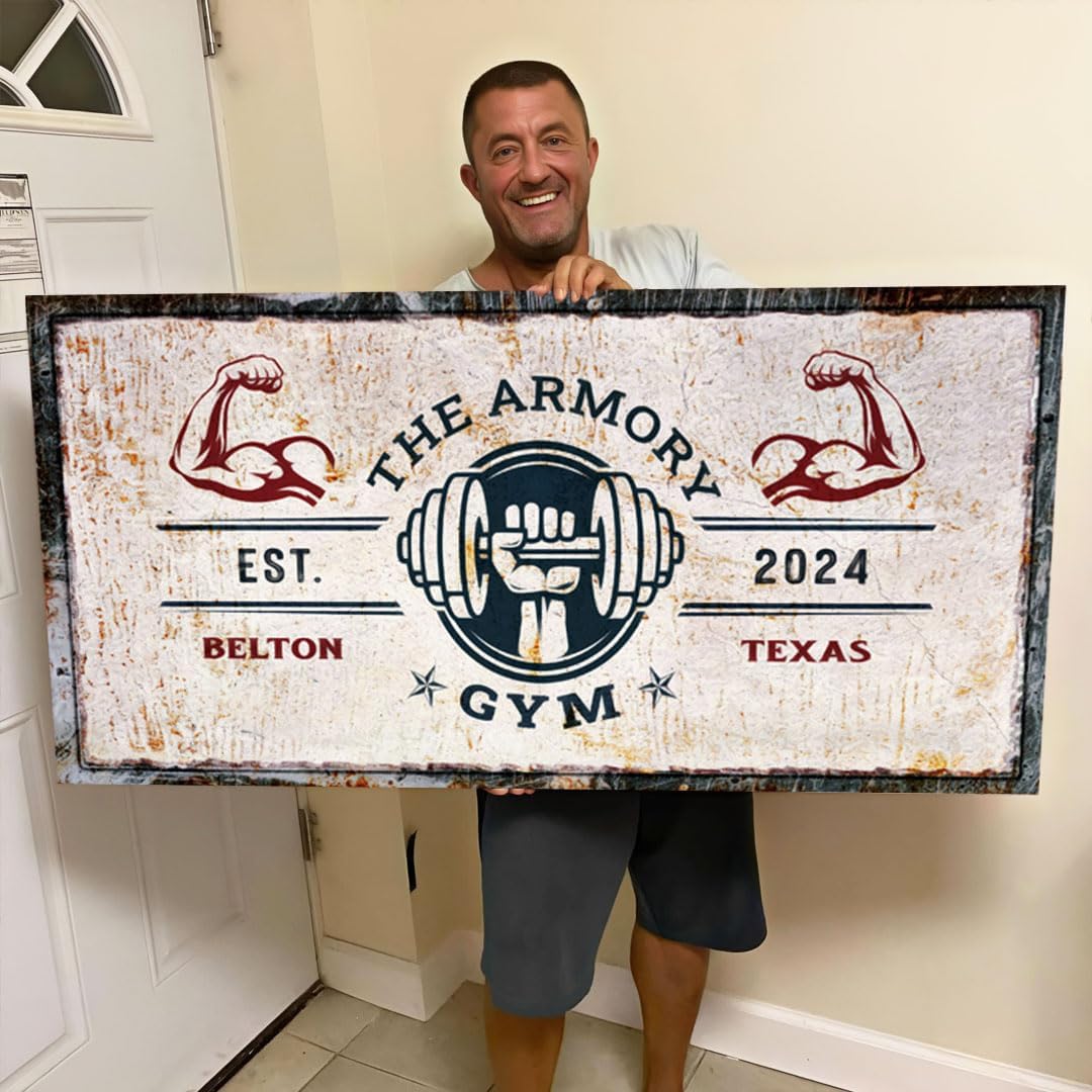 Tailored Canvases Personalized Gym Sign Wall Art Decor - Motivational Canvas for Home Gym, Workout Room, Garage, Fitness Center - Workout Inspirational Posters - One Hand with Dumbbell on Rustic, 48x24in
