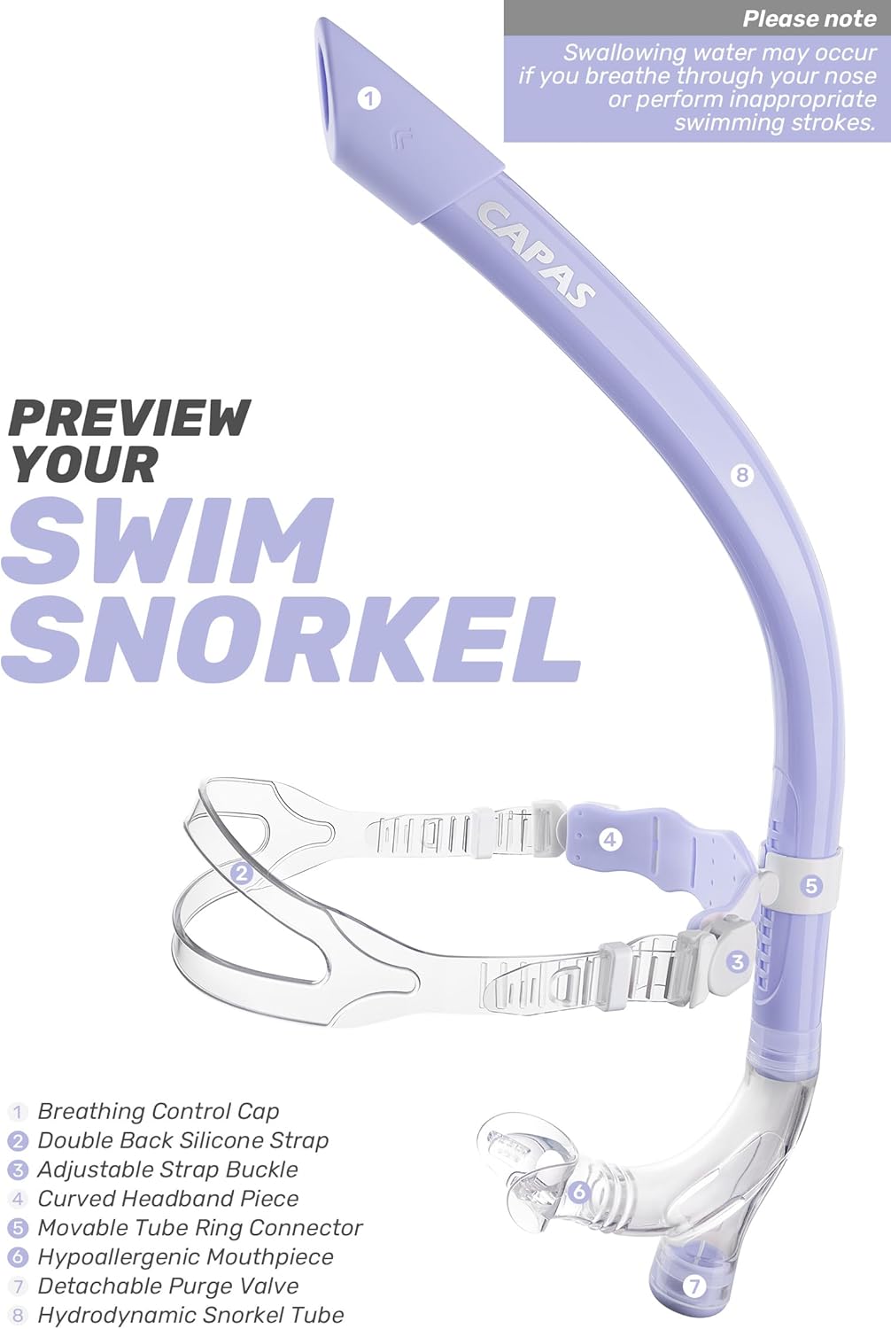 CAPAS Training Swim Snorkel for Lap Swimming, Swivel Headband Ultimate Fit Center-Mount Swimmers Snorkel with Liquid Silicone Mouthpiece Adjustable Strap, Designed for Adult Men Women