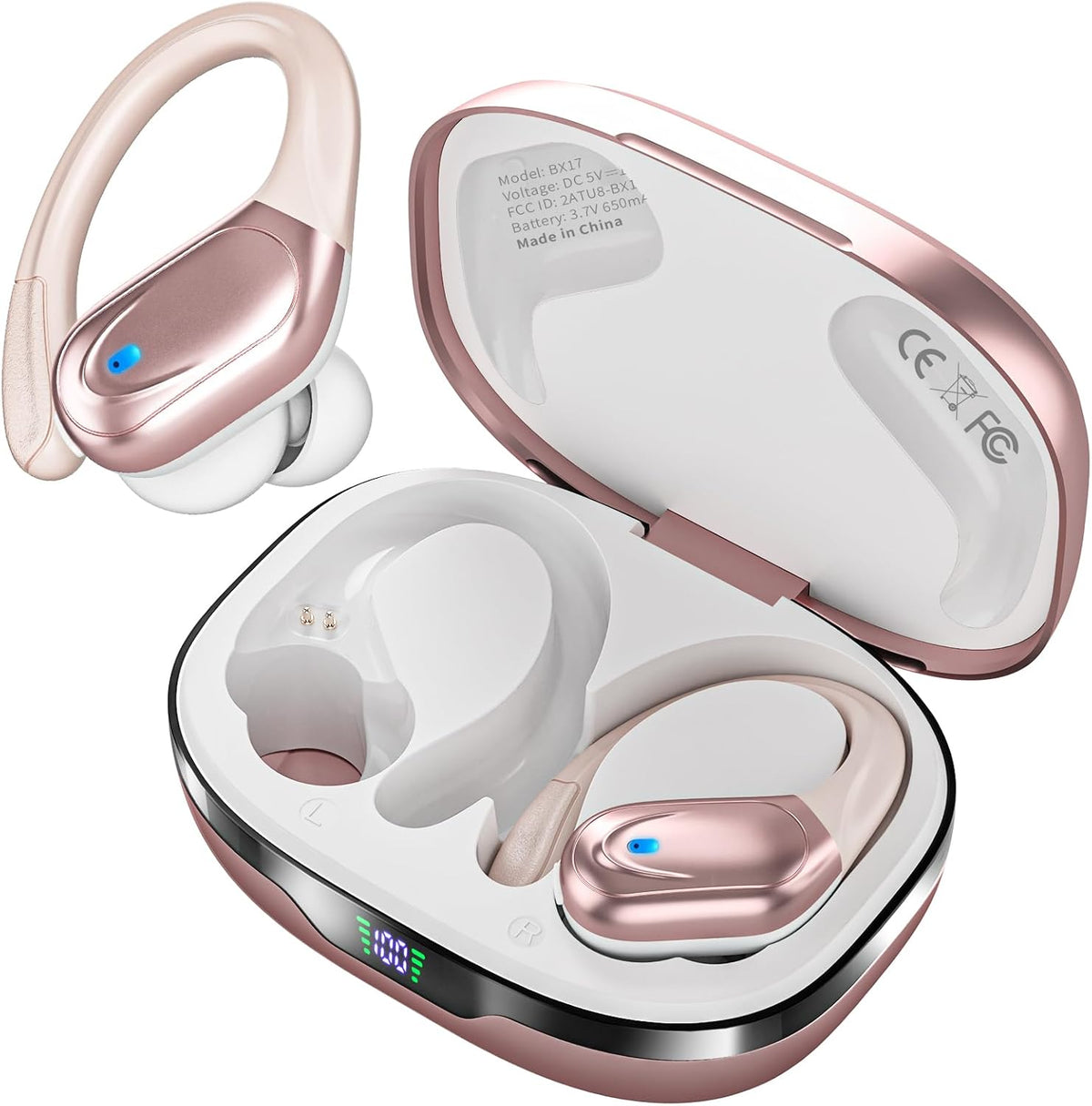 Wireless Earbuds, Sports Bluetooth Headphones, 80Hrs Playtime Ear Buds with LED Power Display, Noise Canceling Headset, IPX7 Waterproof Earphones for Workout/Running (Rose Gold)