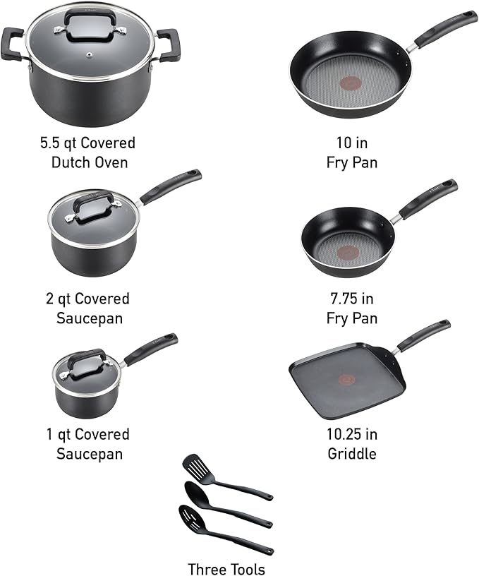 T-fal 20 piece set of Signature Nonstick Cookware with Ice Force German Stainless Steel Kitchen Knife Set and Wood Block