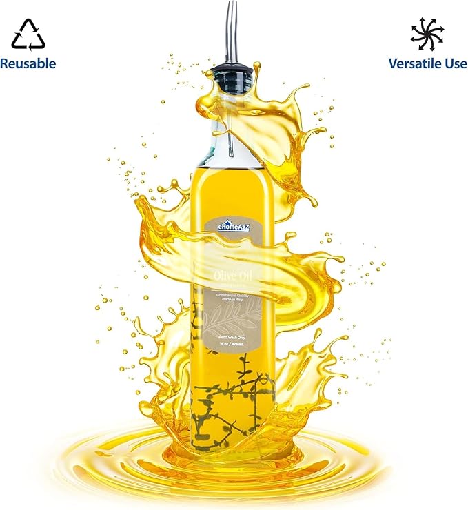 EHOMEA2Z Olive Oil Dispenser Bottle - 16 oz, Made in Italy Glass Olive Oil and Vinegar Cruet with Stainless Steel Spout for Kitchen, Slight Green Tint (2, 473 ml)