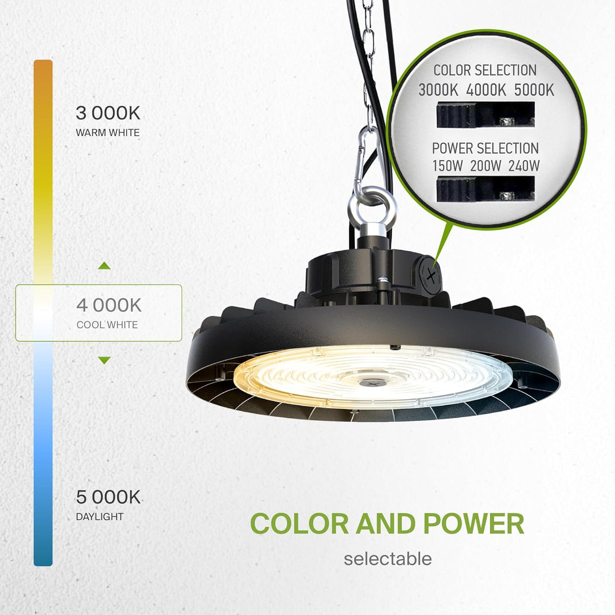 ASD LED High Bay UFO Light Fixture, Commercial Shop Lighting | 3CCT, Dimmable, IP69K Waterproof, DLC Premium, UL Listed | 240W 37600LM 3000-5000K 100-277V | Warehouse, Garage, Workshop Lamp | Black