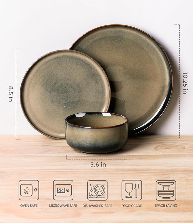 TheTerra Ceramic Dinnerware Sets for 8, 24 Pieces Handmade Reactive Glaze Plates and Bowls Set, Scratch Resistant Dish Set, Oven & Microwave & Dishwasher Safe, Coca Mocha