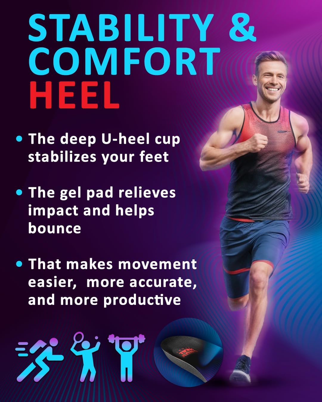 Sport Shock Absorbing Insoles - Athletic Shoe Cushioning Inserts for Men and Women - Ideal for Active Sports Running Training Hiking - Neutral Arch Good for Sneakers Shoes (M, Indigo)
