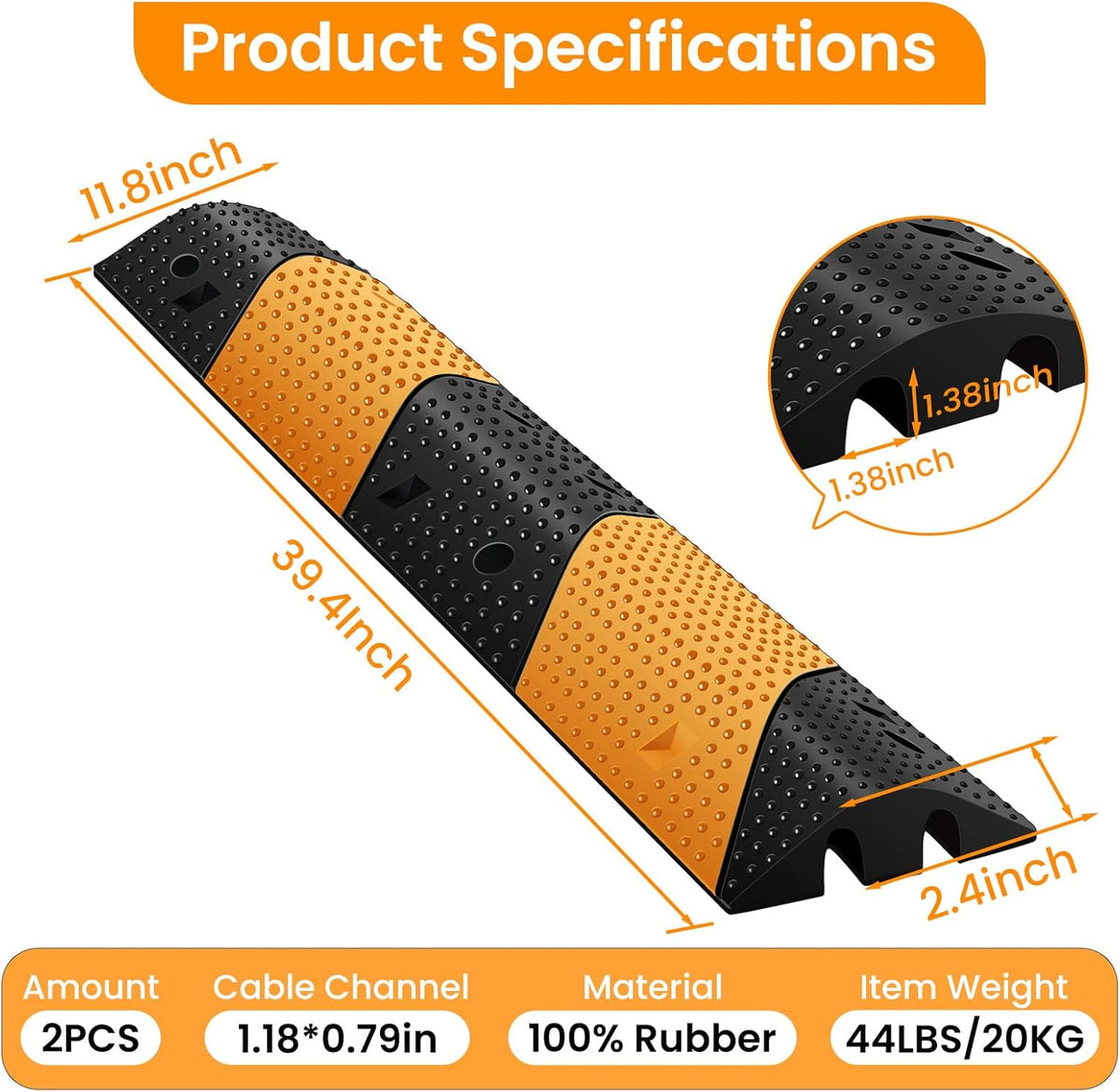 Rubber Speed Bumps for Road [2 pcs],78.7'' Total Long,66000 LBS Load Capacity,2 Channel Modular Heavy Duty Bump,Cable Protector Ramp with 8 Expansion Screws,for Asphalt Concrete Gravel Driveway