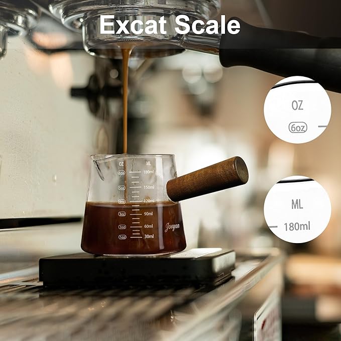 Joeyan 6 oz Glass Measuring Cup with Double Spouts,Borosilicate Espresso Shot Glasses with Wooden Handle,Claer Measuring Triple Milk Frothing Pitcher for Coffee Tea