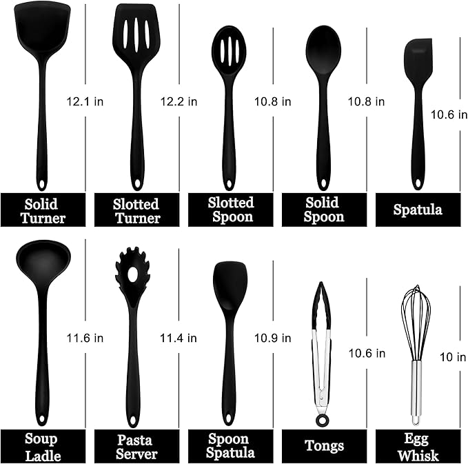 E-far 10 Pieces Silicone Cooking Utensils Set, Heat Resistant Kitchen Utensil Set for Nonstick Cookware, Kitchen Cooking Tools with Spatula, Spoon, Slotted Turner, Non-Toxic & Dishwasher Safe (Black)