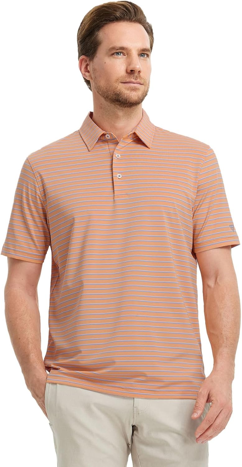 M MAELREG Golf Shirts for Men Moisture Wicking Striped Polo Performance Dry Fit Business Sports Mens Polo Shirts Short Sleeve