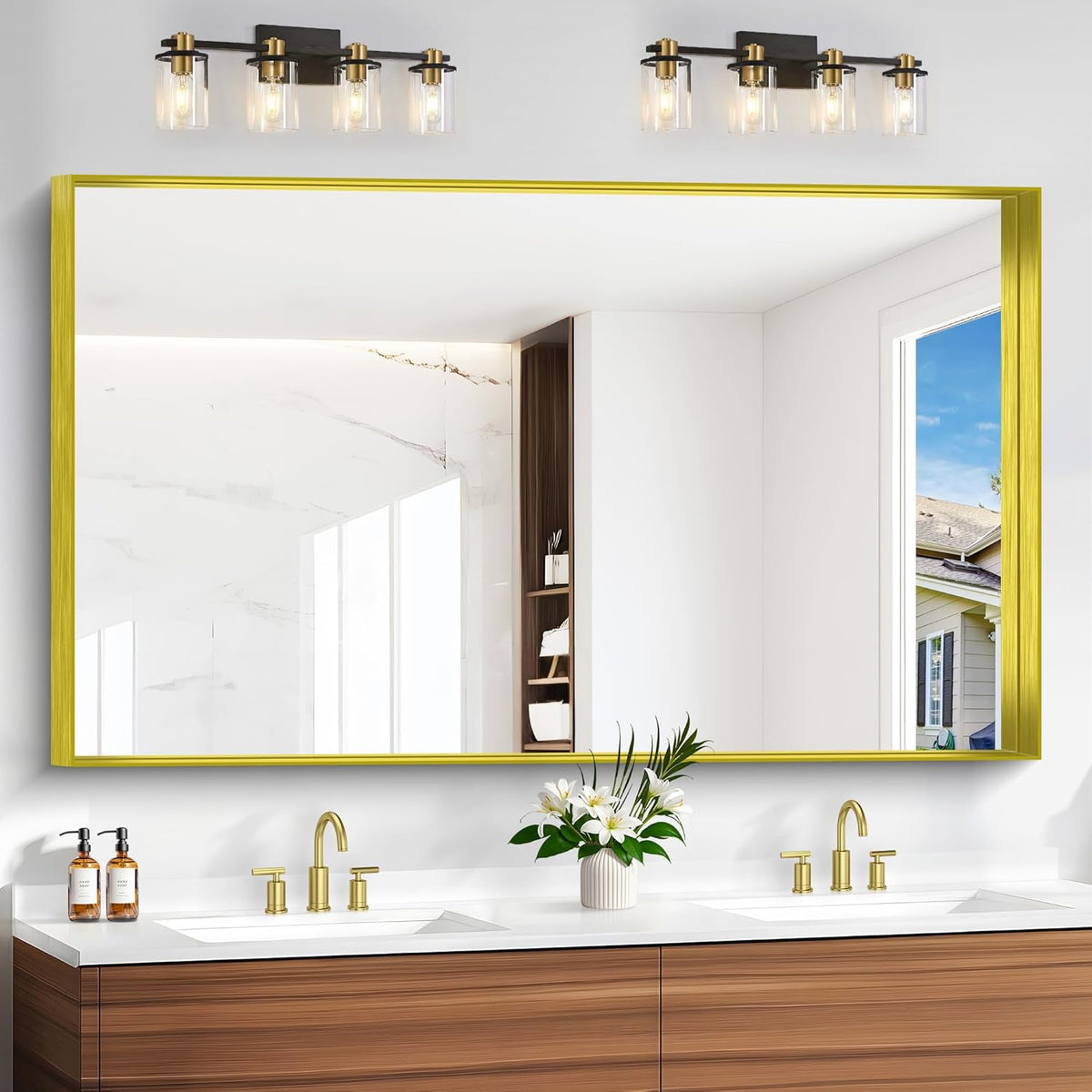 Gold Bathroom Mirror, 36x60 Inch Rectangular Deep Frame Mirror, Large Wall Mounted Bathroom Vanity Mirror Over Sink for Bedroom,Restroom, Living Room, Hangs Vertically or Horizontally