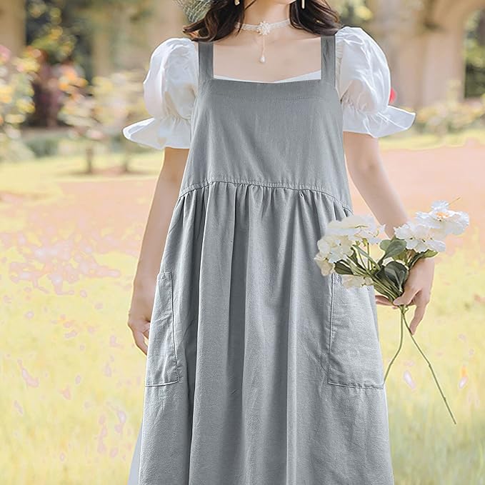 Uaussi Cotton Linen Apron Cross Back Work Apron for Women with Pockets Pinafore Dress X Cross Halter Apron for Chef Gardening