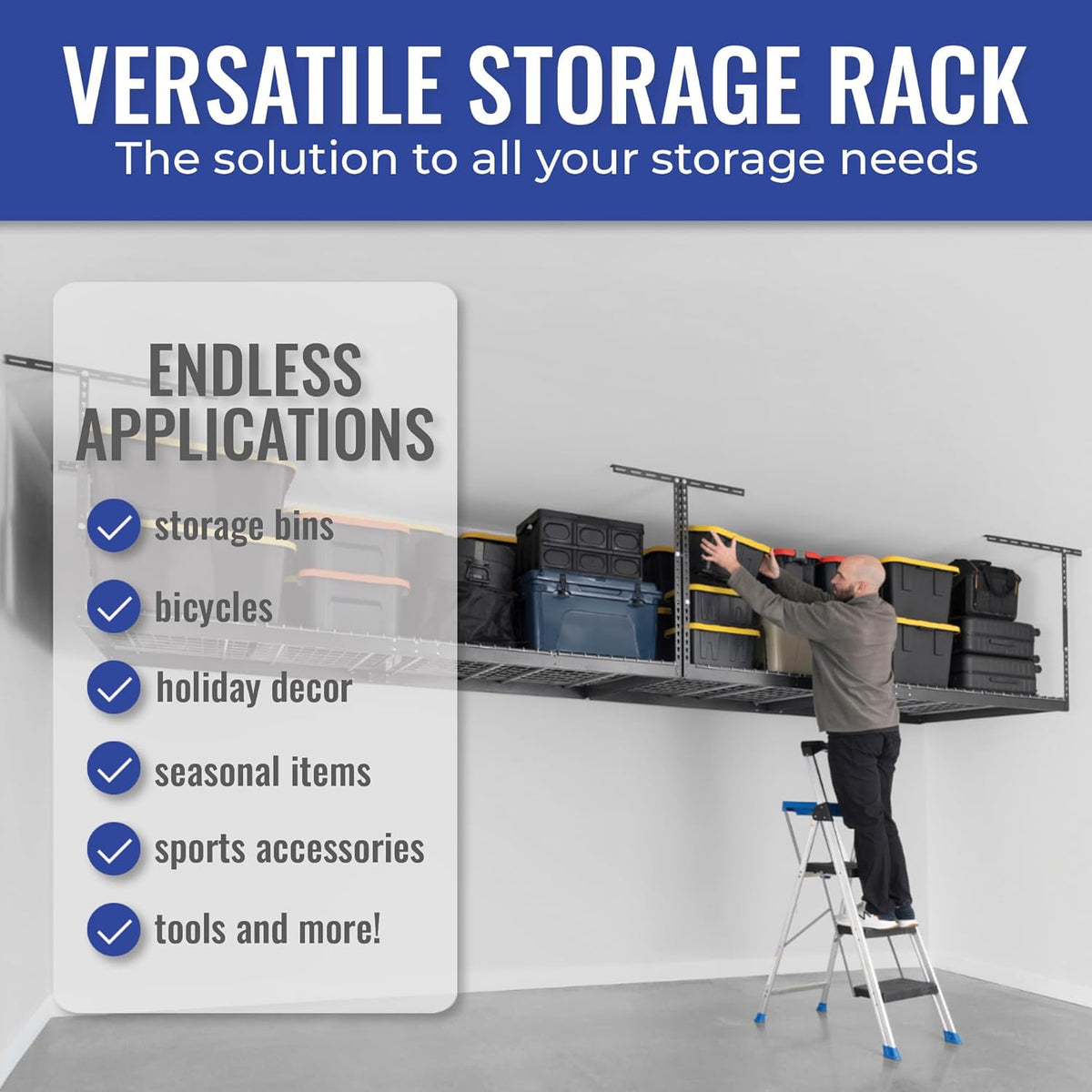 SafeRacks Heavy Duty Overhead Garage Storage Rack, 2-Pack 4x8 Hammertone, 12"-21", 600 lb Capacity, Adjustable Ceiling Mount