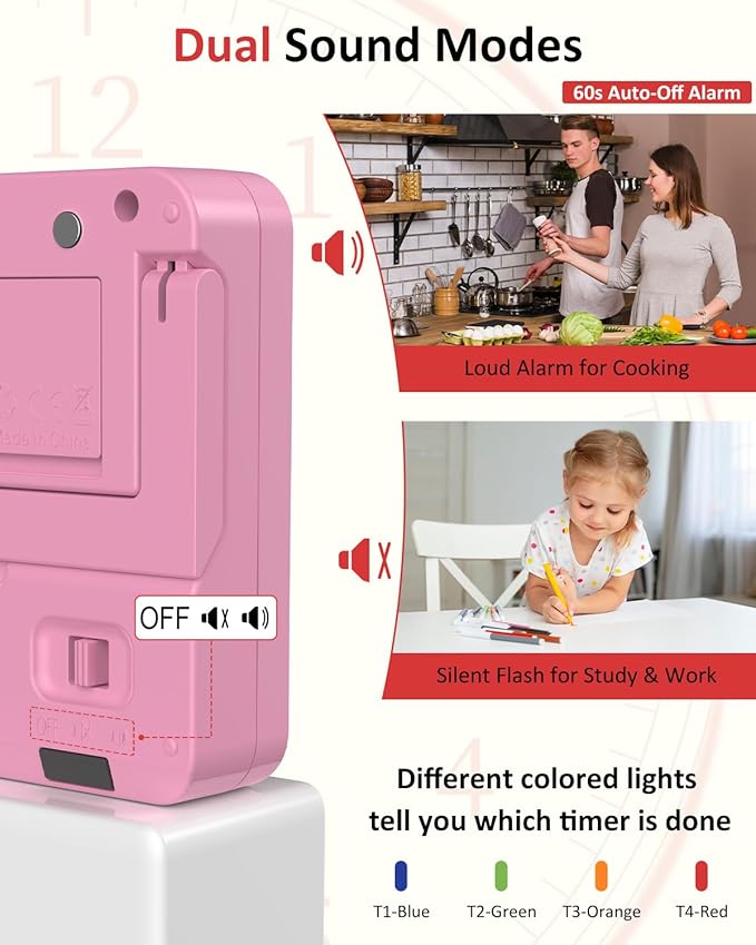 Digital Kitchen Timer for Cooking - 4 Channel Count Up Countdown Timer with Loud Alarm and Silent Mode, Large Display, Magnetic Back, Auto Memory for Classroom Study Gym, Battery Included (Pink)