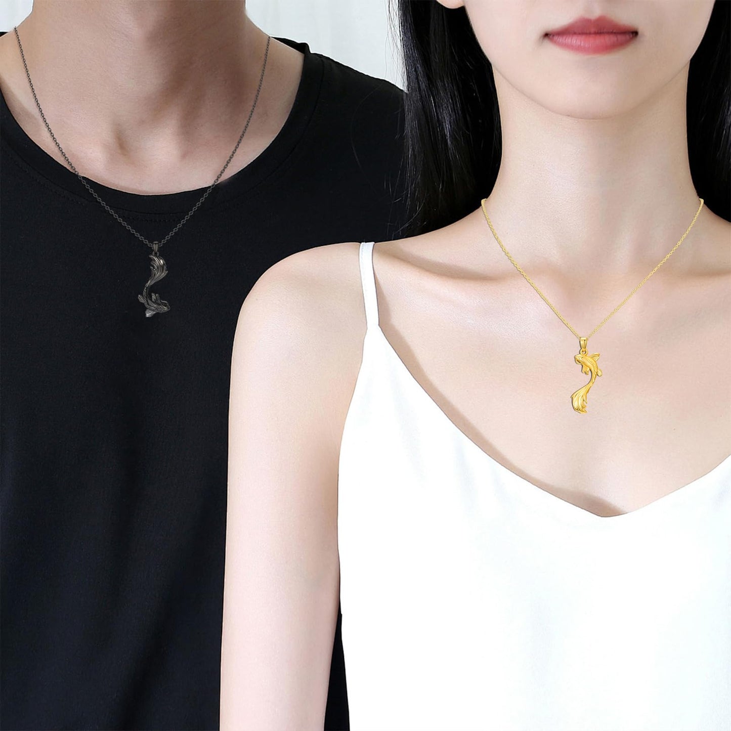 OHAYOO Koi Fish Necklace 925 Sterling Silver Couple Necklace with Koi Fish Pendant Koi Fish Jewelry for Couples Black and Gold