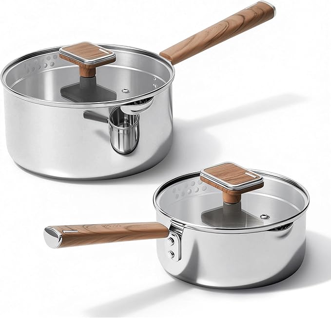 CAROTE1.5Qt & 3Qt Stainless Steel Saucepan Set, Triple Ply Stainless Steel Pot, Saucepan with Glass Lid, Small Sauce Pot with Wooden Handle, Easy Pour Rim