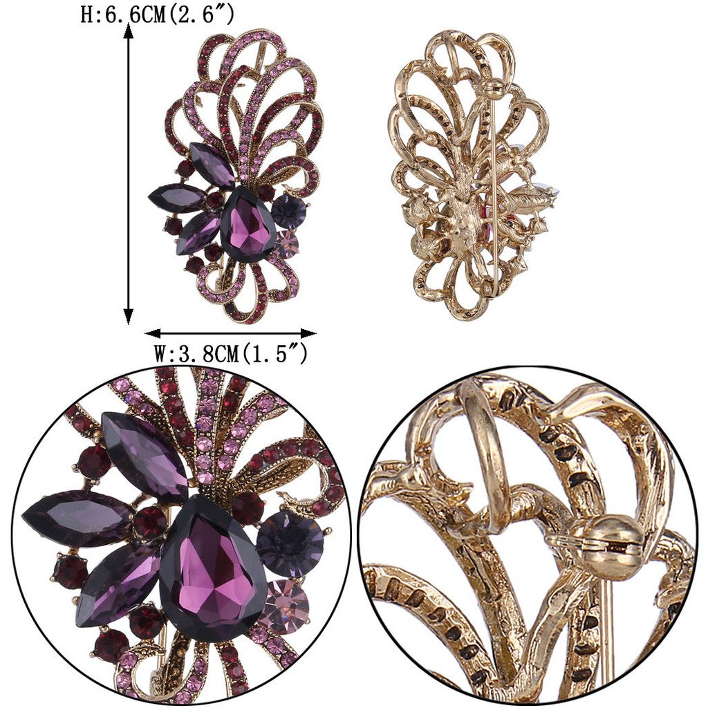 EVER FAITH Antique Gold-Tone Austrian Crystal Flower Ribbon Teardrop Brooch Pendant Purple