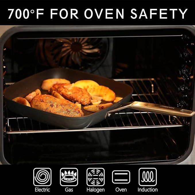 MsMk Square Grill Pan with lid, Stay-Cool Handle, Each Ridge Nonstick, Oven Safe Dishwasher Safe Induction Grill pans for Stove Tops, Square Frying Pan, Bacon Pan, Indoor Chicken Skillet, 11-Inch