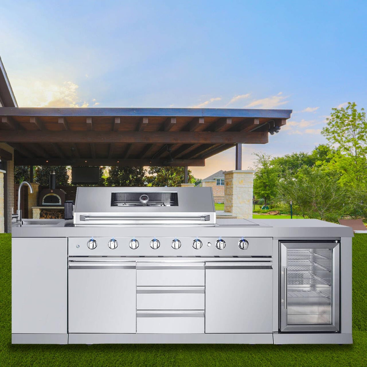 CT Copper Tailor 6-Burner Outdoor Kitchen BBQ Gas Grill Island with Infrared Rear Burner,Side Burner,Storage Cabinets & Drawers,Sink,Cooler,Stainless Steel